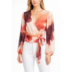Express Abstract Print Wrap Tie Front Long Sleeve Top Size L NWT